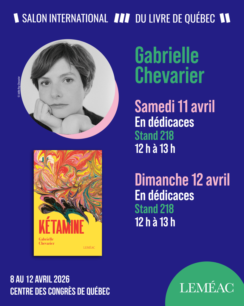 Dédicaces au salon du livre de Québec, les samedi 11 avril entre 12h et 13h et le dimanche 12 avril entre 12h et 13h.